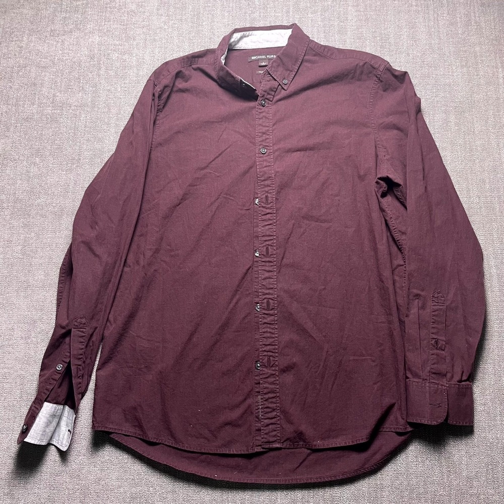 Michael Kors Mens Tailored Fit Shirt L Burgundy Button Down Casual Long Sleeve